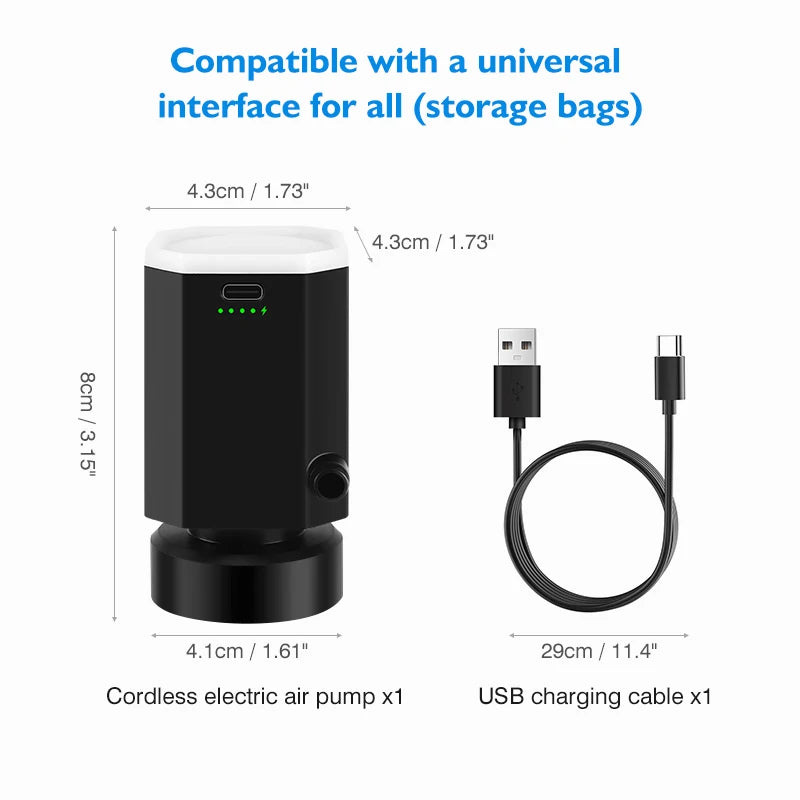 A black electric air pump with a USB charging cable and various sized adapters for storage bags.