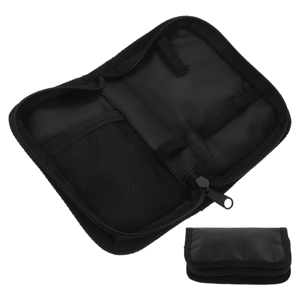 Black portable glucose meter storage pouch with a zippered compartment and an external storage sleeve.