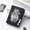 A black PU leather wallet with a white cartoon print is shown next to a silver box and a pen.