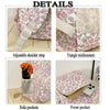 Details of a floral quilted backpack set showing adjustable shoulder strap, triangle reinforcement, side pockets, and front p
