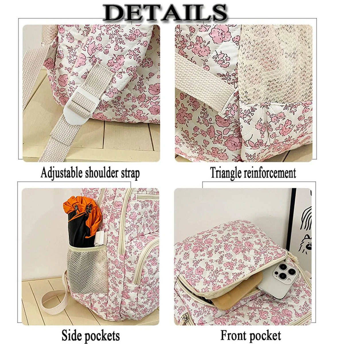 Details of a floral quilted backpack set showing adjustable shoulder strap, triangle reinforcement, side pockets, and front p