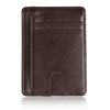 A dark brown slim PU leather card holder wallet with stitched edges and a central slot.