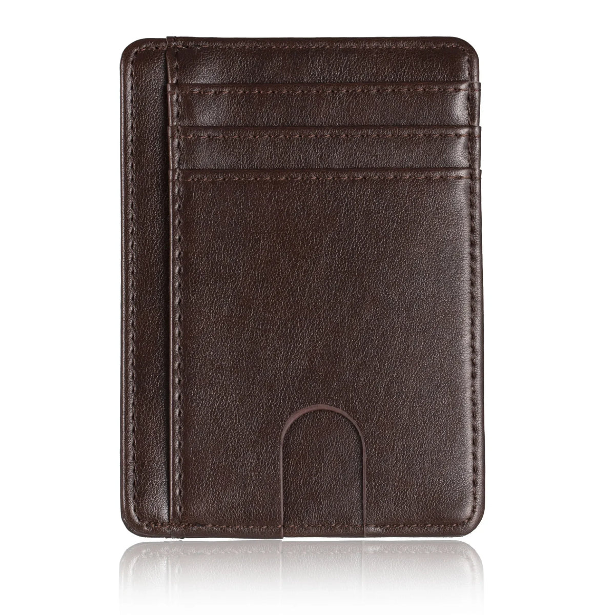 A dark brown slim PU leather card holder wallet with stitched edges and a central slot.