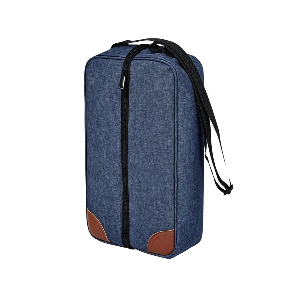 Bolsa aislante para vino azul oscuro con ribete negro y detalles marrones
