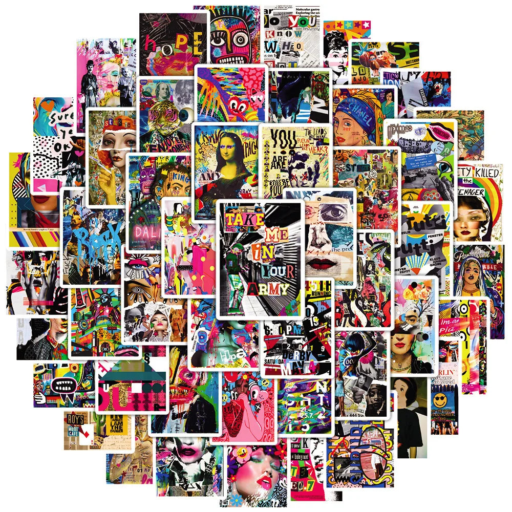 A vibrant collage of art illustrations, featuring various styles and subjects, suitable for laptop and gear decals.