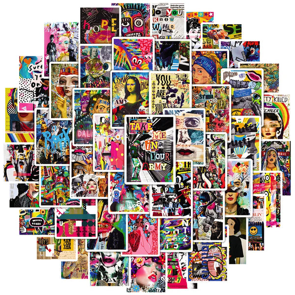 A vibrant collage of art illustrations, featuring various styles and subjects, suitable for laptop and gear decals.