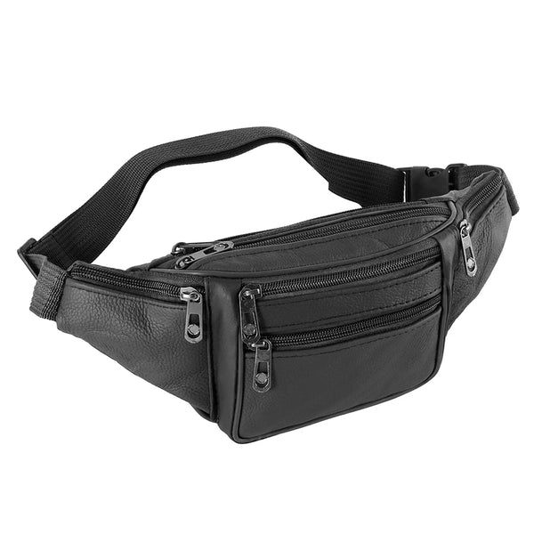 A black genuine leather adjustable waist bag with multiple zippered compartments.
