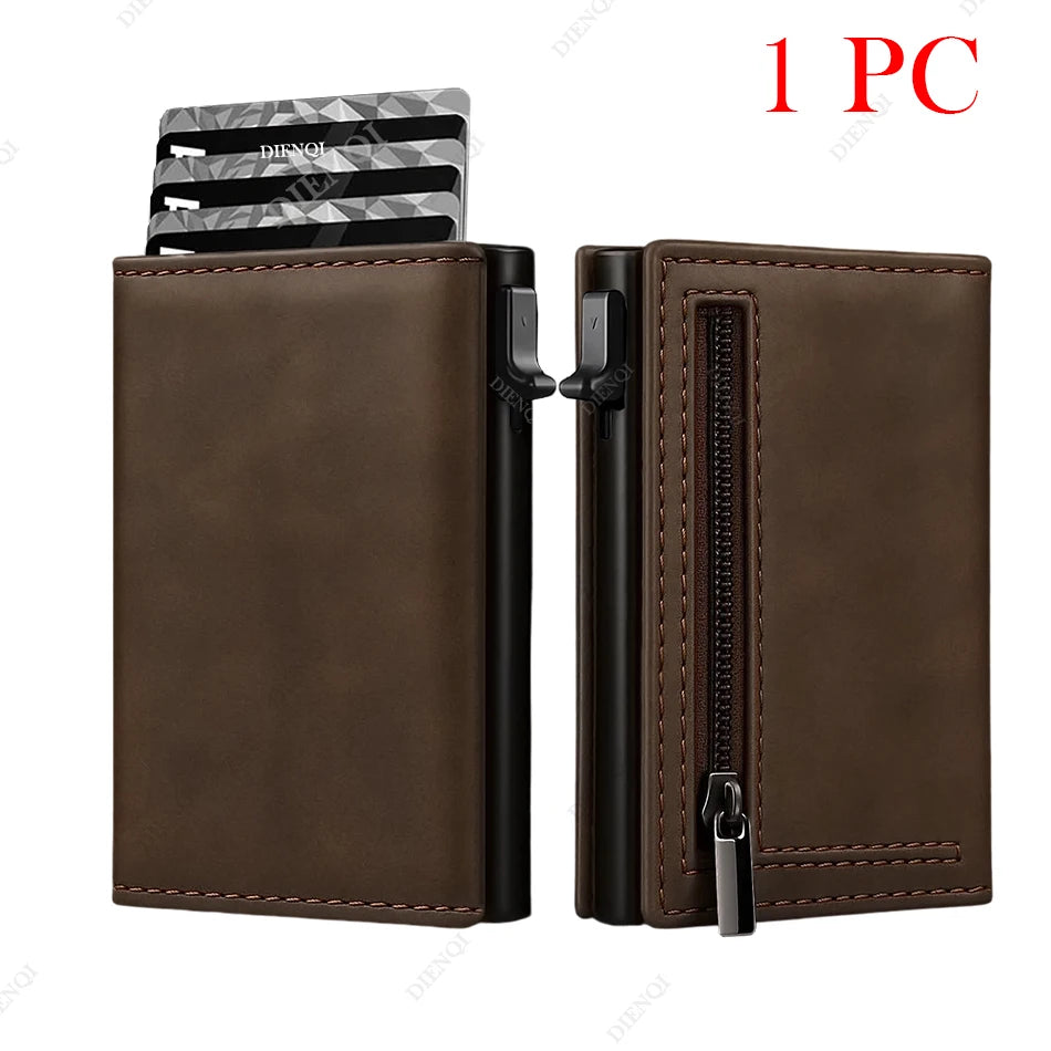 A brown leather card holder wallet with a zipper closure and an RFID blocking card is shown.