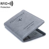 A gray PU leather passport wallet with an RFID blocking feature and a stylized airplane logo.