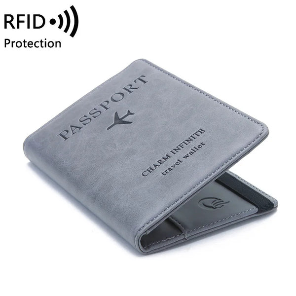 A gray PU leather passport wallet with an RFID blocking feature and a stylized airplane logo.