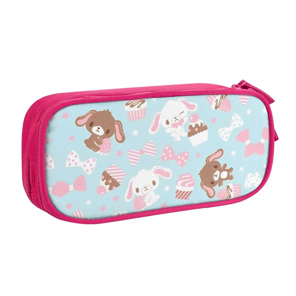 A pink zippered pencil case featuring a light blue background with various cute pastel animal and food patterns.