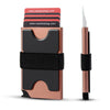 A close-up view of a rose gold RFID blocking metal pop-up card wallet with a black strap.