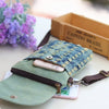 A denim mini messenger bag with triple-layer storage is shown next to a smartphone and a wooden box.