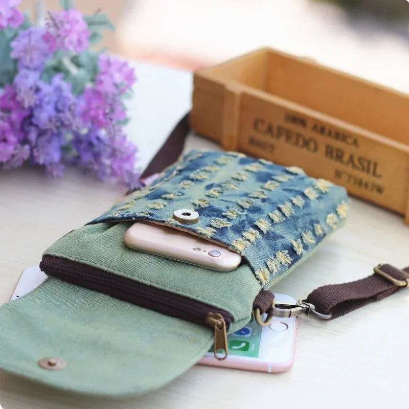 A denim mini messenger bag with triple-layer storage is shown next to a smartphone and a wooden box.
