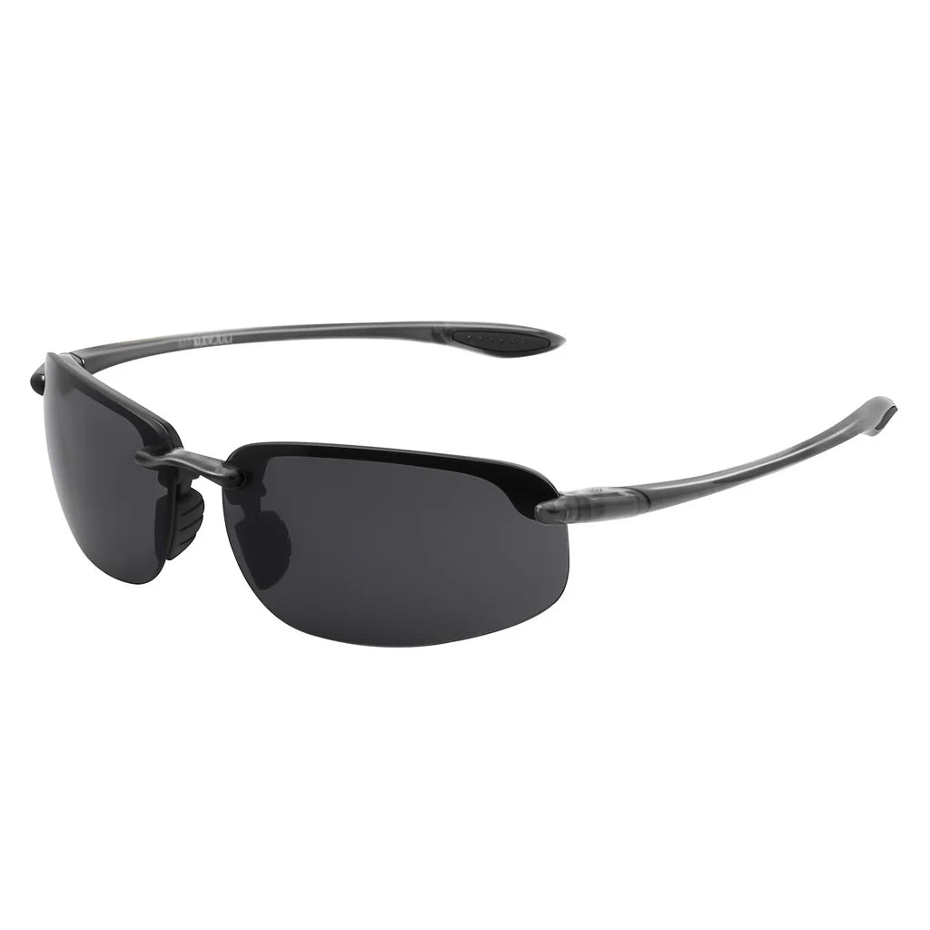 Rimless polarized sports sunglasses with dark lenses and black frames