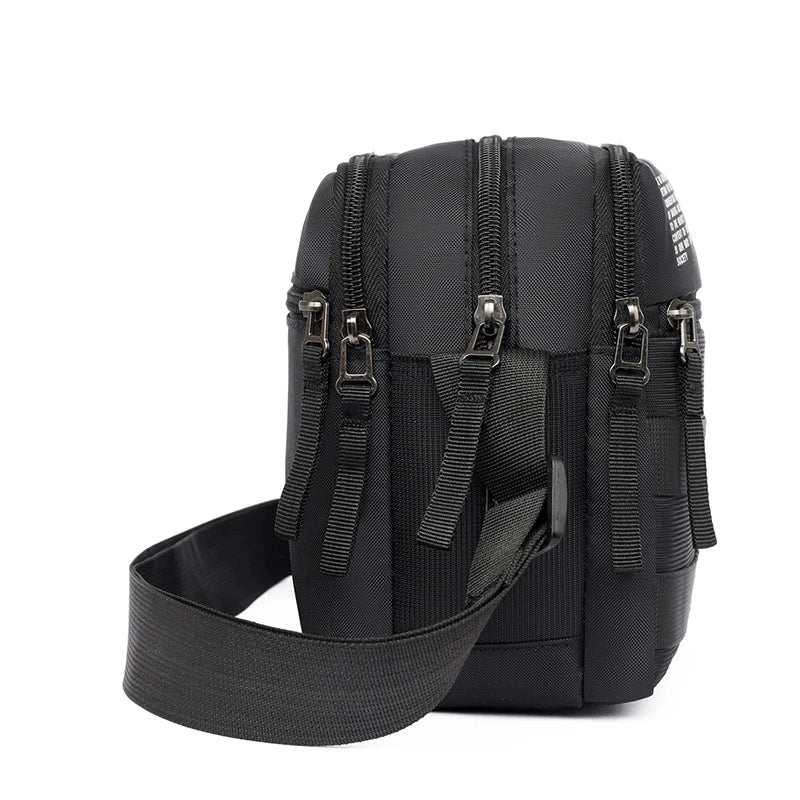 Black durable nylon shoulder bag with multiple zippered compartments