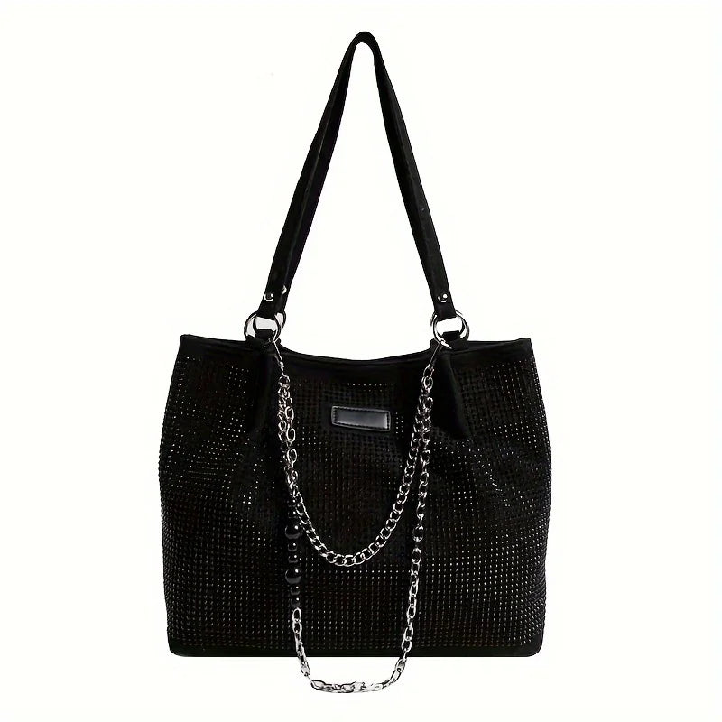 Schultertasche mit schwarzem Glitzer-Rhinostene-Kette und langer silberner Kettegurt
