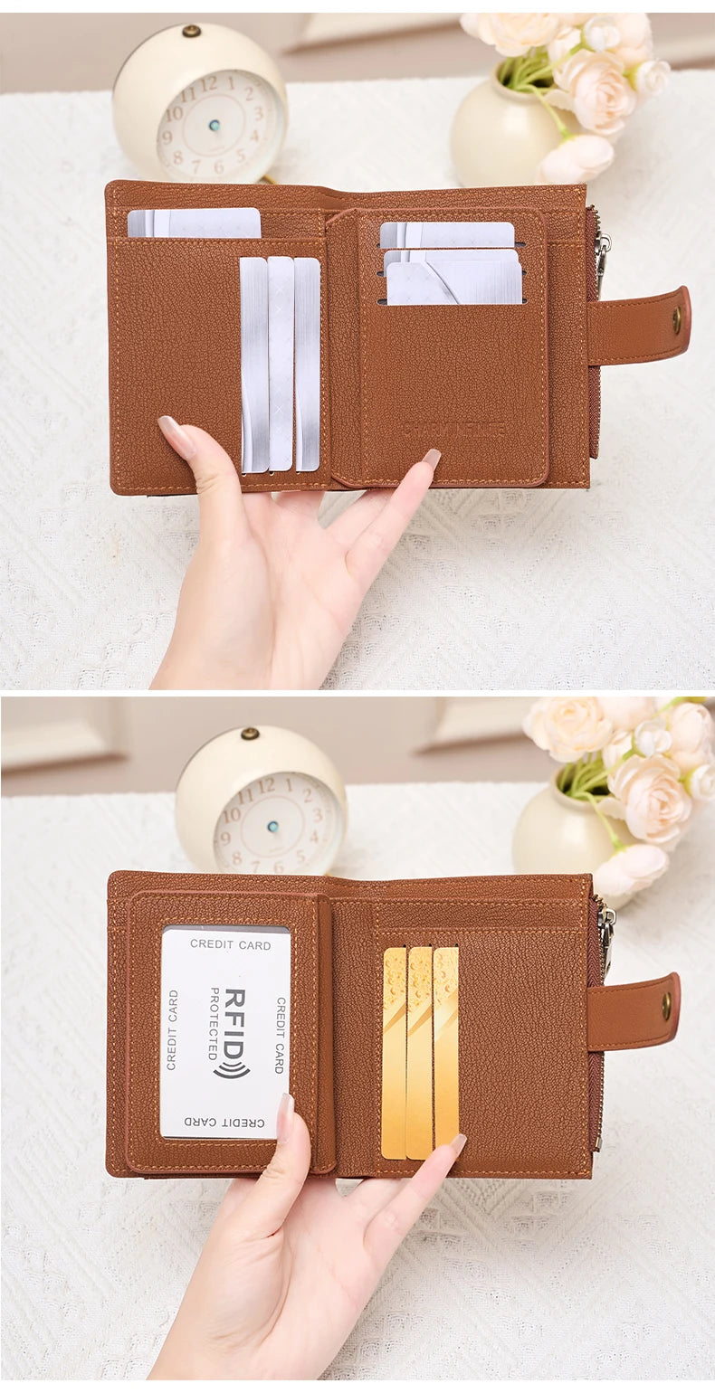 A brown leather wallet is shown open, displaying several credit cards and a coin pouch, held by a hand on a white surface.