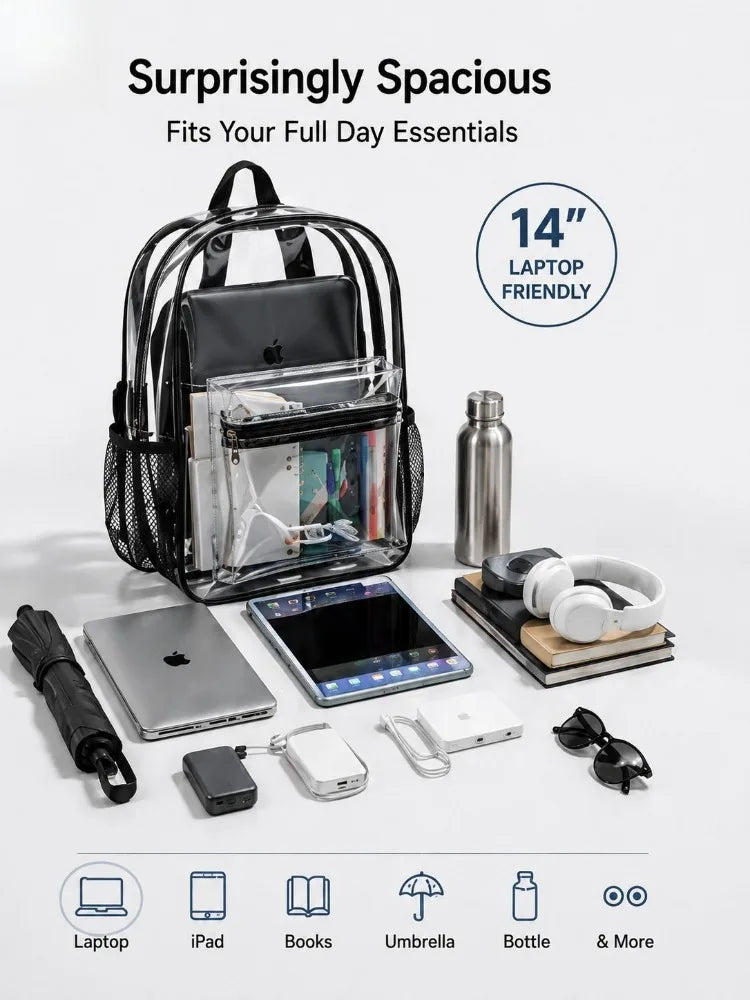 A black transparent PVC backpack is shown with various daily essentials like a laptop, headphones, and accessories.