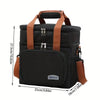 A black insulated double-layer lunch bag with brown straps and a front pocket.