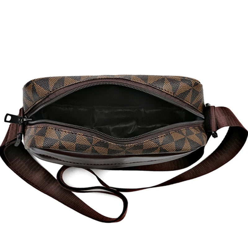 A brown men's PU leather shoulder bag with a wide strap shown against a white background.
