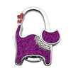 Silver cat-shaped handbag hooks with a purple glitter finish