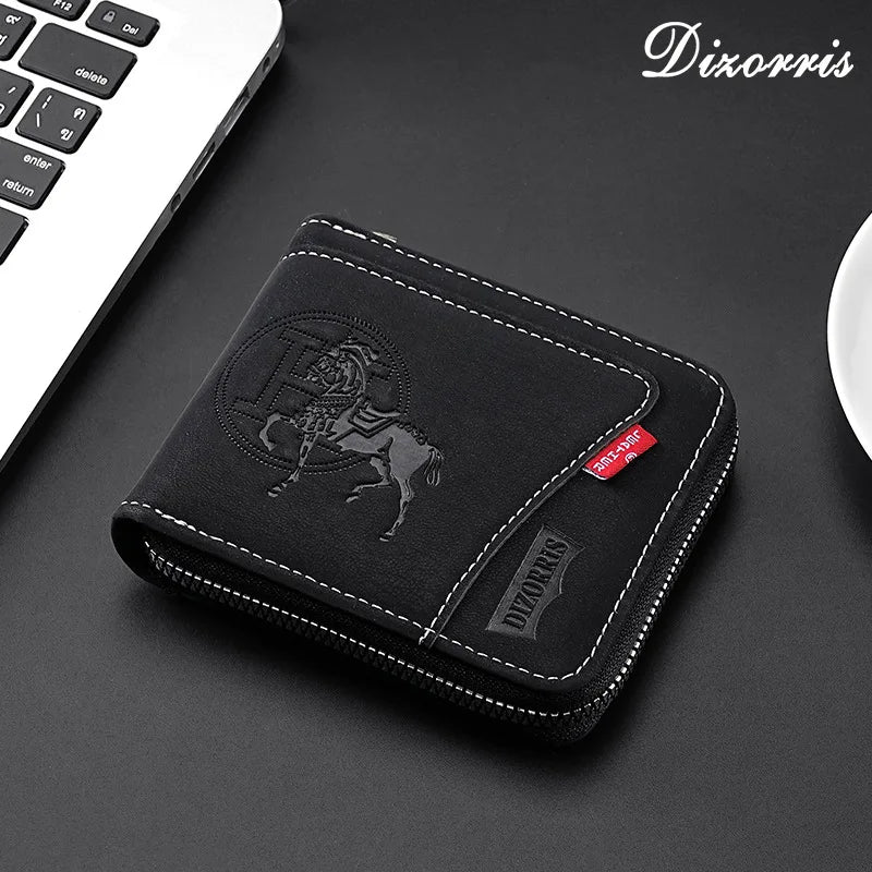 A black compact nylon wallet with a zipper closure and coin pocket resting on a dark surface.
