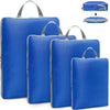 A set of blue reusable compression packing cubes with fabric handles.