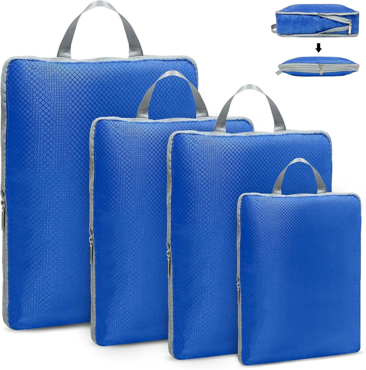 A set of blue reusable compression packing cubes with fabric handles.