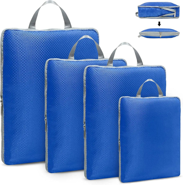 A set of blue reusable compression packing cubes with fabric handles.