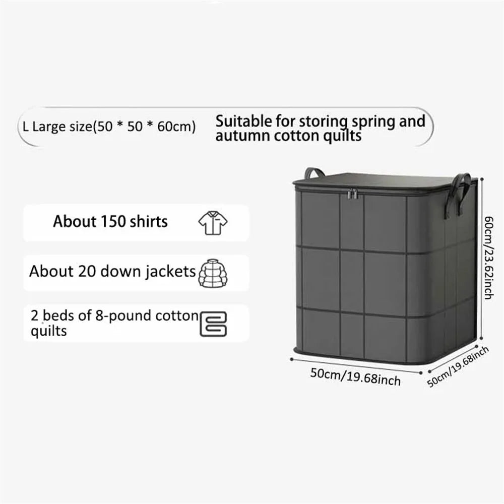 A dark gray large foldable non-woven storage bag suitable for storing spring and autumn cotton quilts, shirts, and down jacke