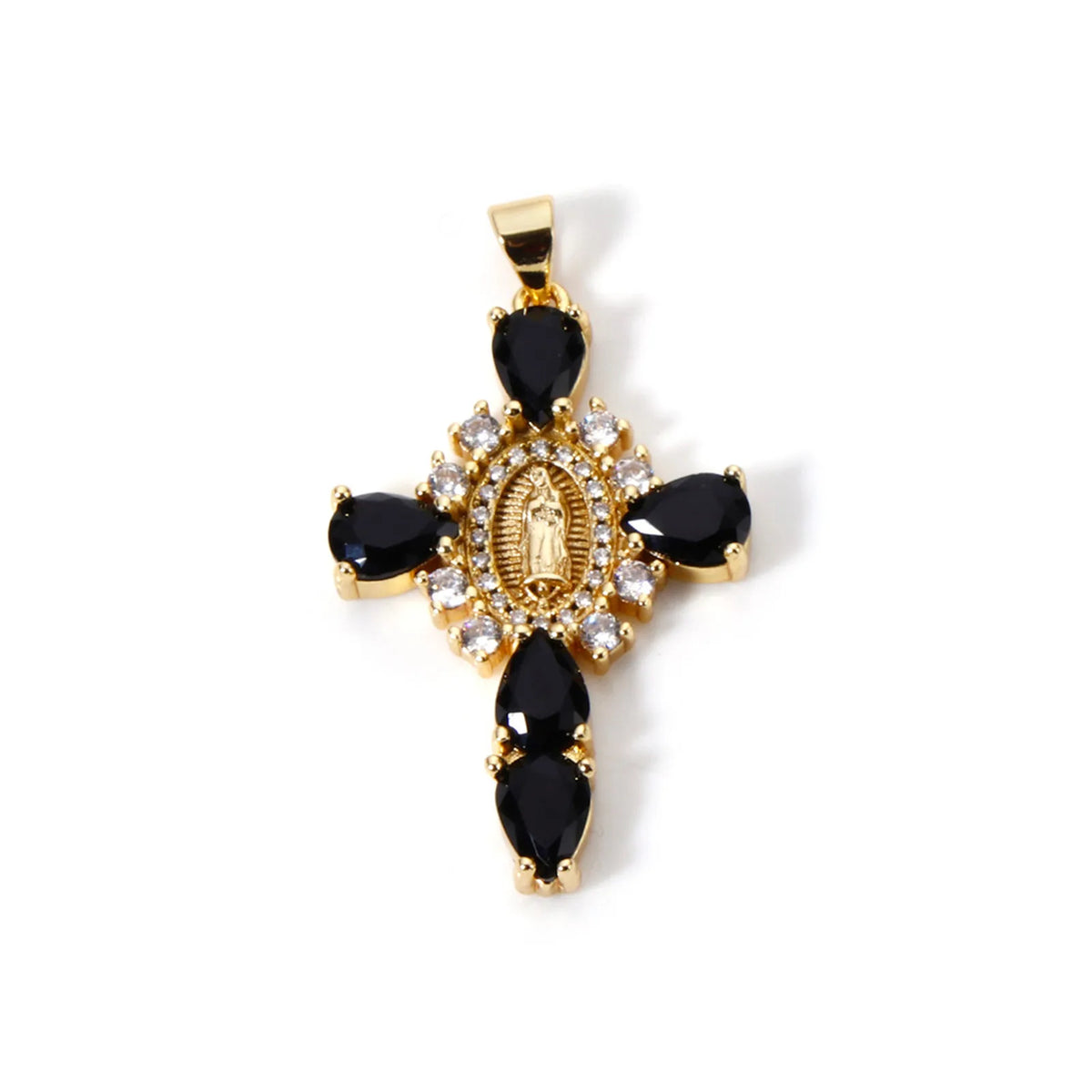 18K gold plated cross and Virgin Mary charm pendant with cubic zirconia featuring black and gold elements