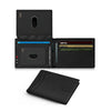 A black slim leather wallet shown in multiple views, including a folded cardholder and a standalone wallet.