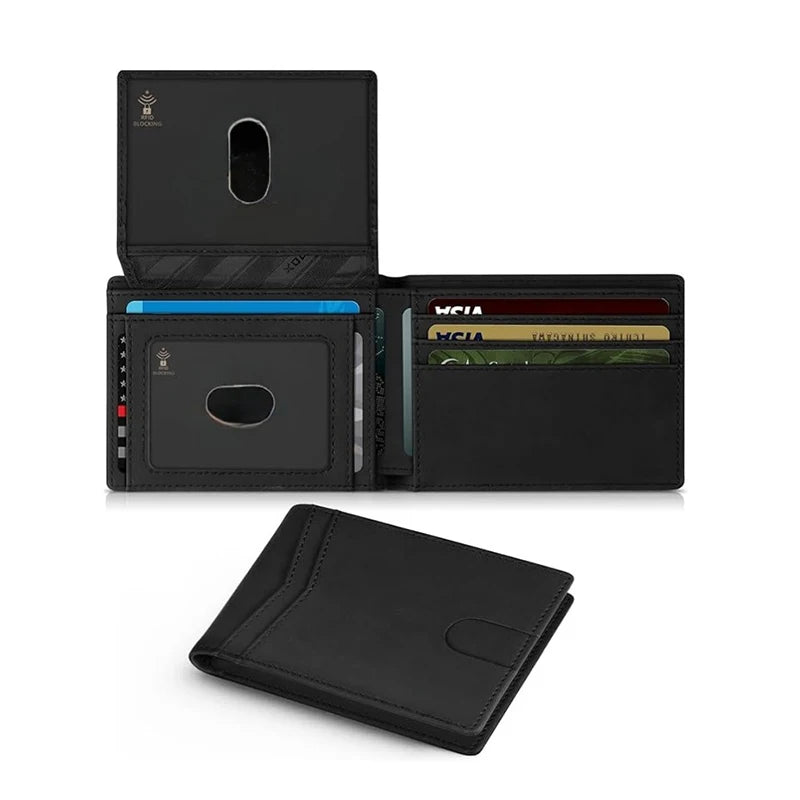 A black slim leather wallet shown in multiple views, including a folded cardholder and a standalone wallet.