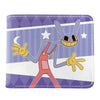Lila und weiß gemustetes Kunstleder-Klappwallet mit Cartoon-Hasenfigur.