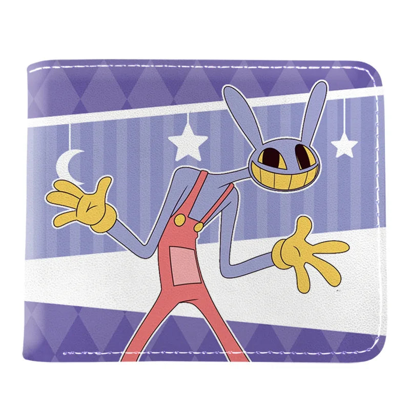 Lila und weiß gemustetes Kunstleder-Klappwallet mit Cartoon-Hasenfigur.