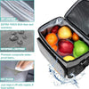 Insulated thermal lunch bag showing food items and fabric details for waterproof and dustproof protection