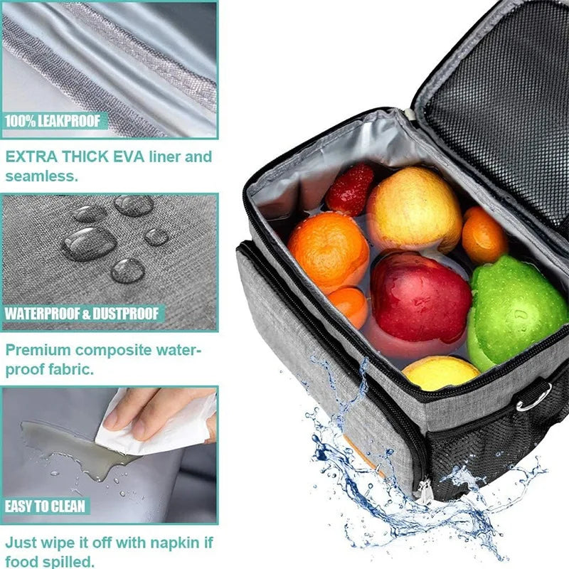 Insulated thermal lunch bag showing food items and fabric details for waterproof and dustproof protection