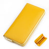 A yellow genuine leather zipper wallet shown open and closed, with a close-up view of the interior.