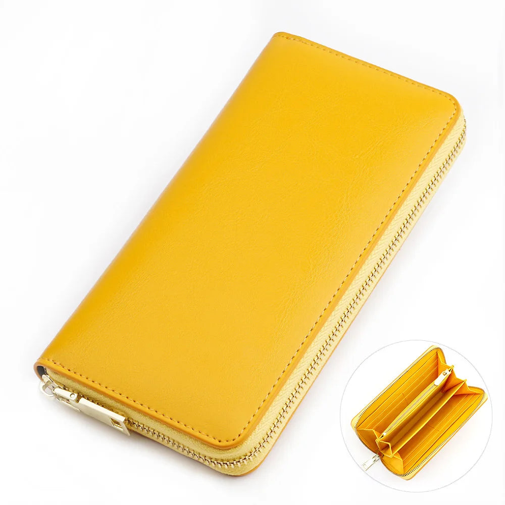 A yellow genuine leather zipper wallet shown open and closed, with a close-up view of the interior.