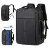 Black expandable travel backpack shown in multiple views, including a standalone pack and a full bag.