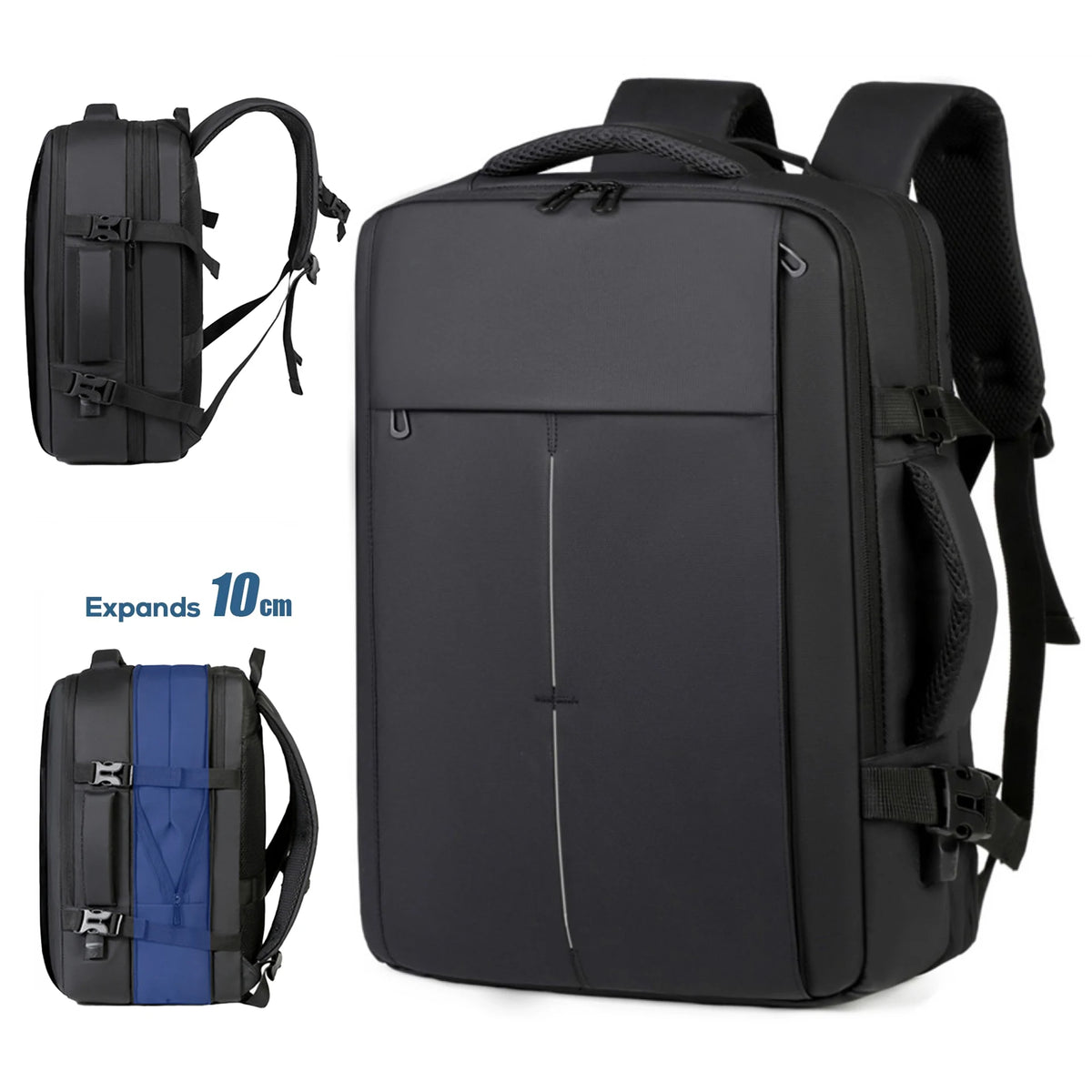 Black expandable travel backpack shown in multiple views, including a standalone pack and a full bag.