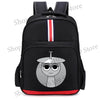 Black cartoon anime backpack featuring a stylized gray character design and red and white stripes.