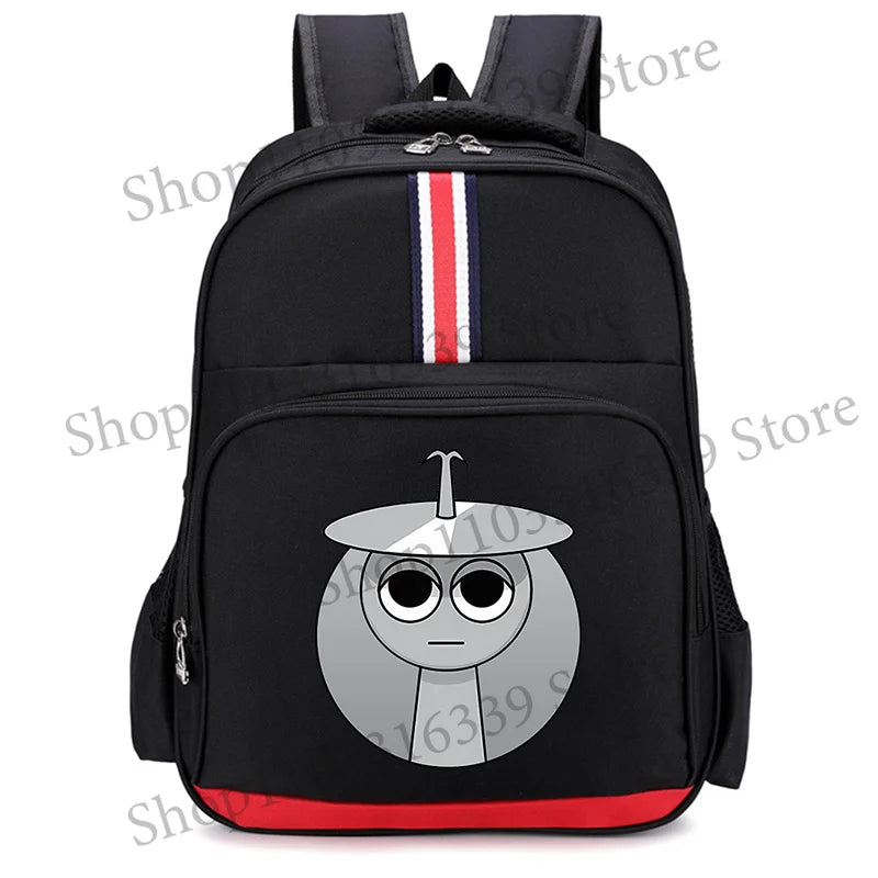 Black cartoon anime backpack featuring a stylized gray character design and red and white stripes.