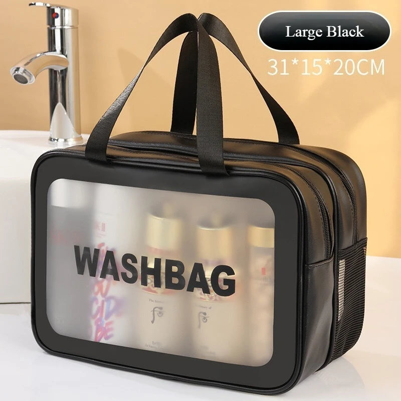 Large black double-layer wash bag with a clear window for cosmetics and toiletries