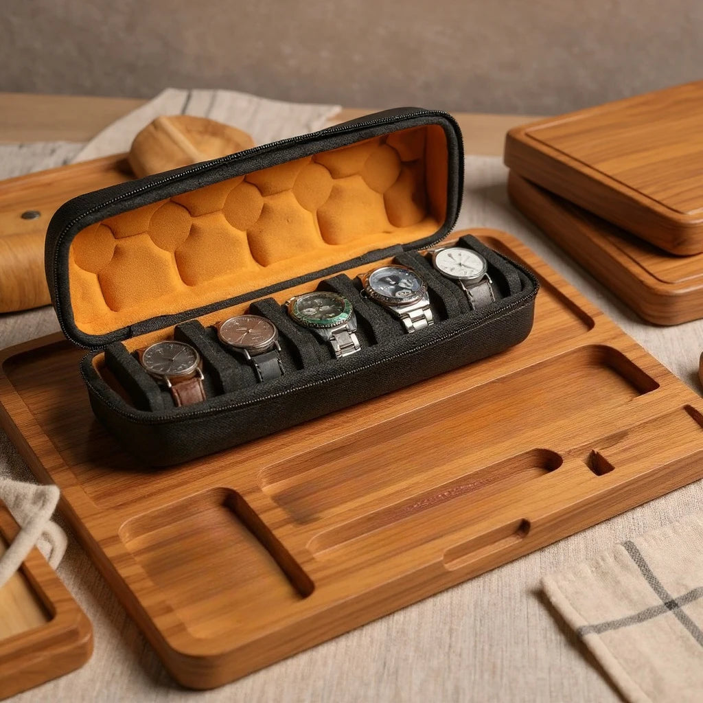 A wooden watch organizer case with soft lining holds several wristwatches on a wooden tray.