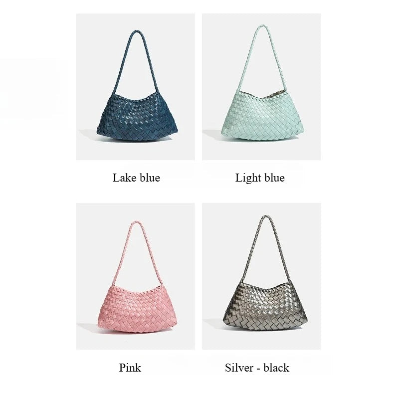 Four handwoven PU shoulder bags in lake blue, light blue, pink, and silver-black.