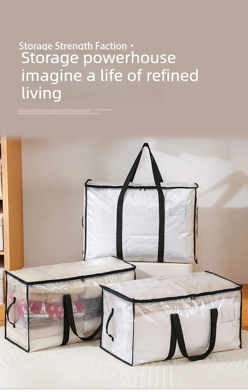 Two large transparent woven storage bags with black handles and double zippers are displayed on a white surface.
