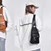 Three models display a men's PU leather crossbody sling bag in brown and black against a white background.