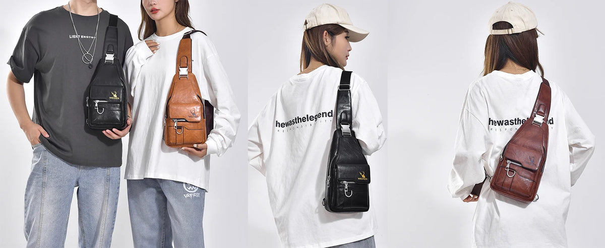 Three models display a men's PU leather crossbody sling bag in brown and black against a white background.